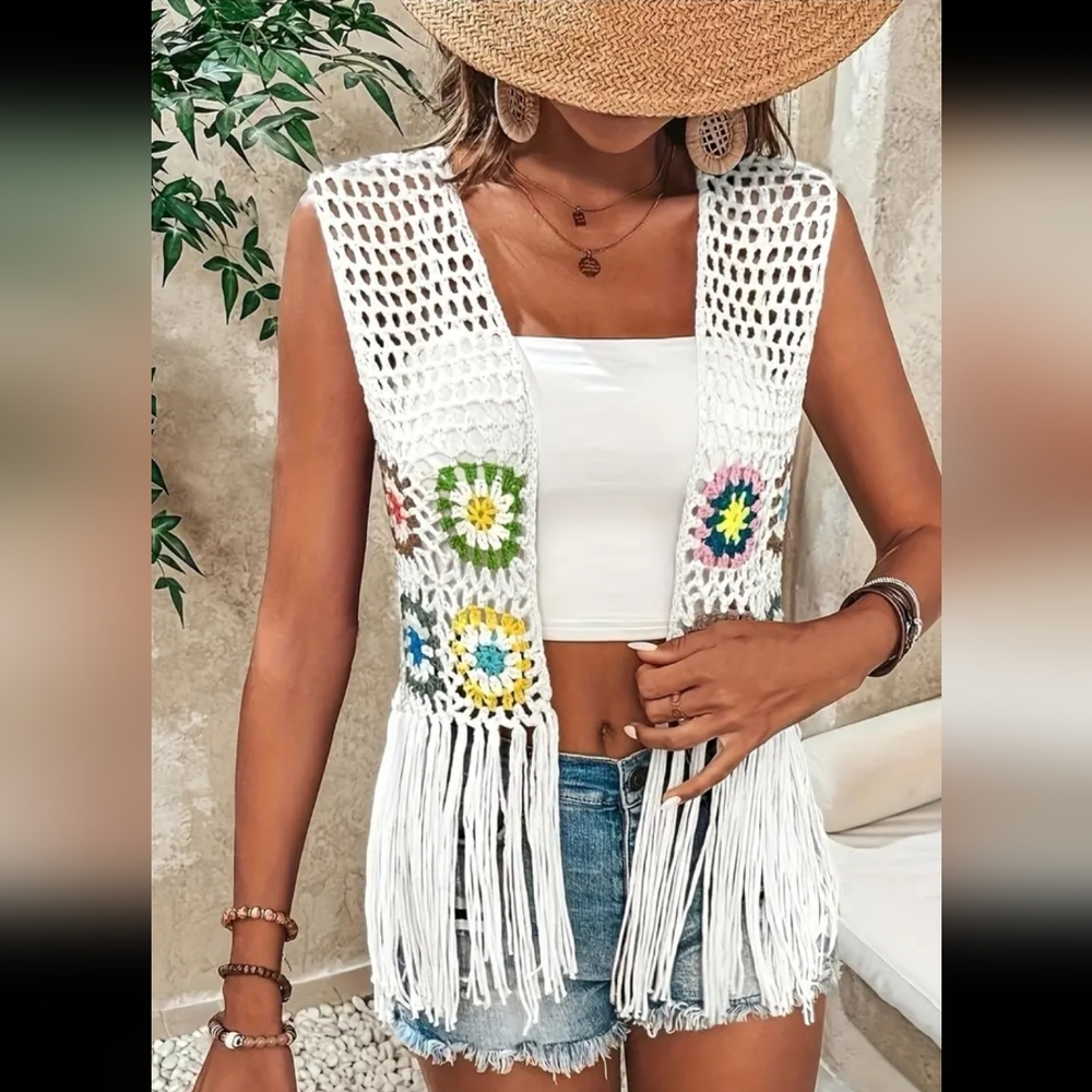 [Sexy Beach Cardigan] Sexy Open Front Color Block Beach Cardigan - Chic Crochet
